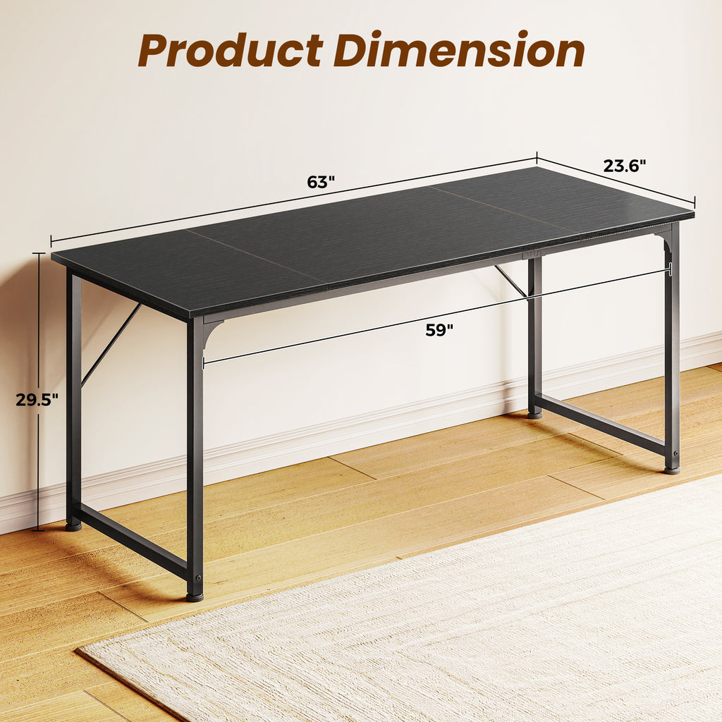 63" Computer Desk, Modern Office, Study & Gaming Desk with Storage, Large Legroom, Sturdy Metal Frame, Black