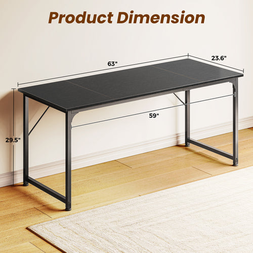 63" Computer Desk, Modern Office, Study & Gaming Desk with Storage, Large Legroom, Sturdy Metal Frame, Black