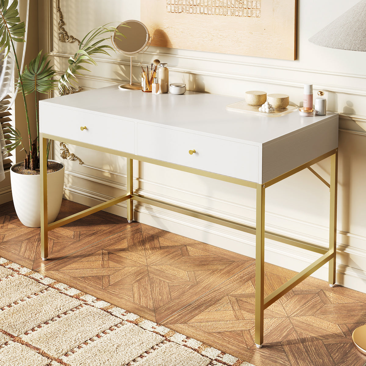 Amadwell 39 Inch White Vanity Desk with 2 Drawers, Small Makeup Vanity Computer Desk for Bedroom, Gold
