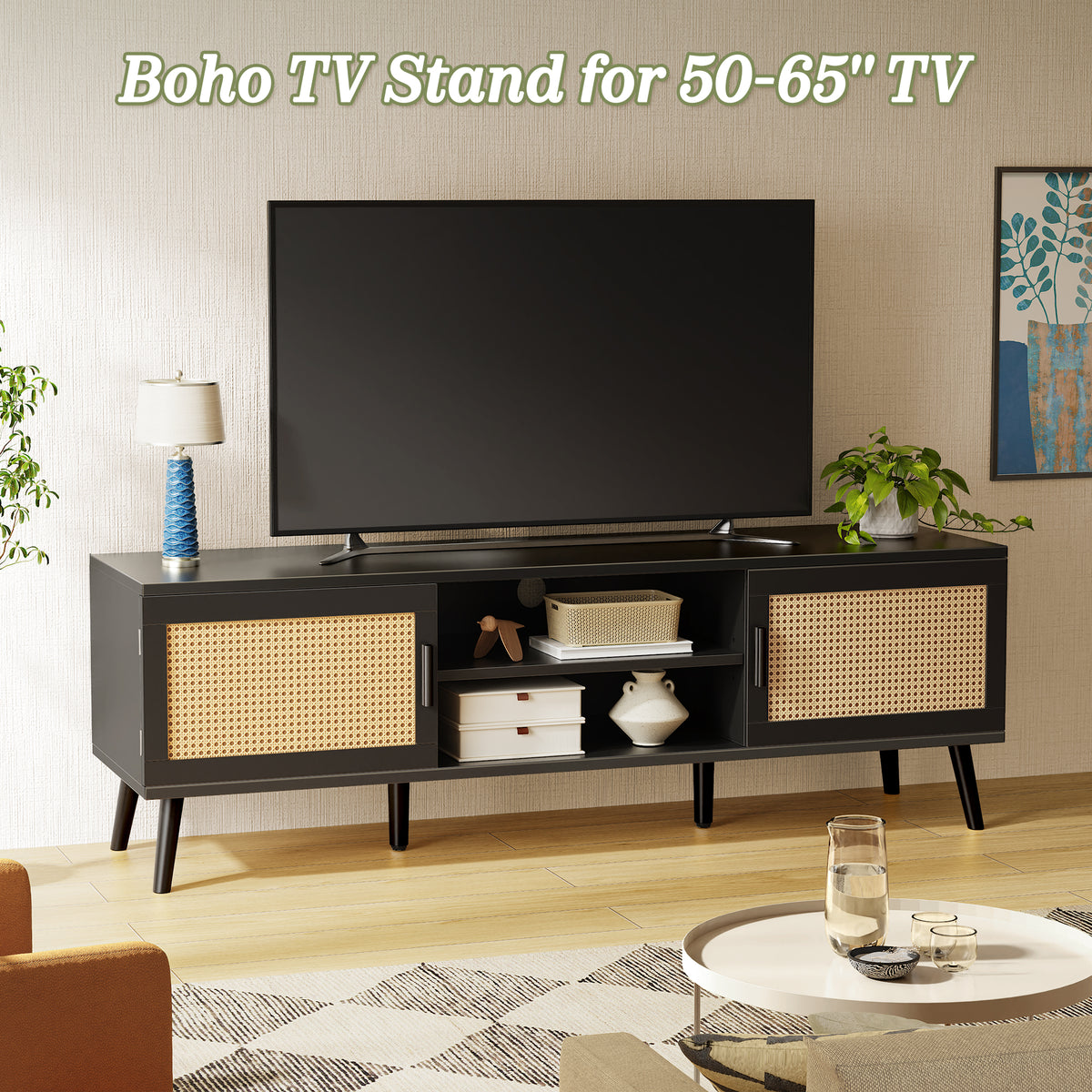 Amadwell Rattan TV Stand for 60" TVs, Adjustable Shelf, Natural Living Room Entertainment Center, Black