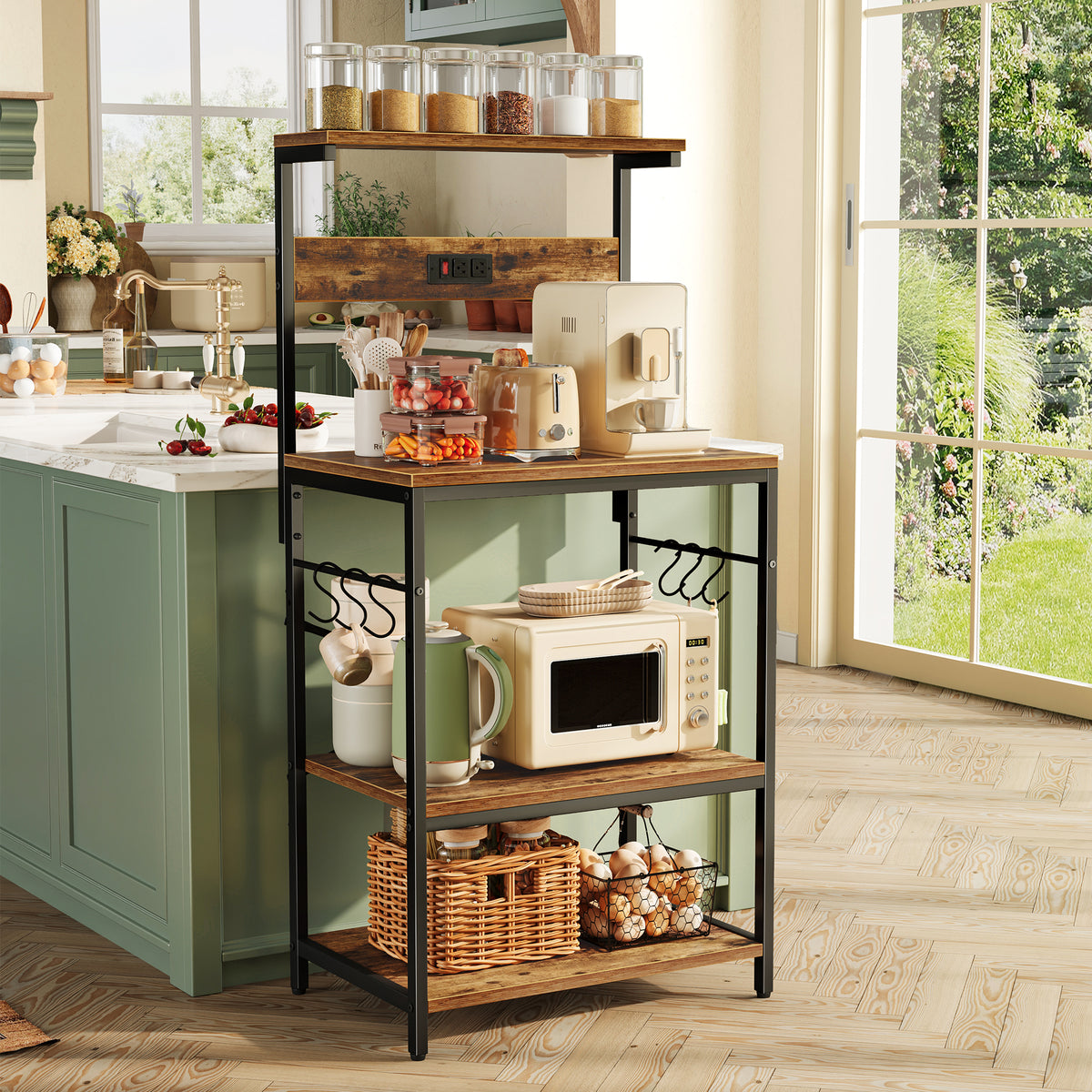 Amadwell 4-Tier Kitchen Storage Shelf Organizer Bakers Rack with Power Outlets, Coffee Bar & Microwave Stand, Brown