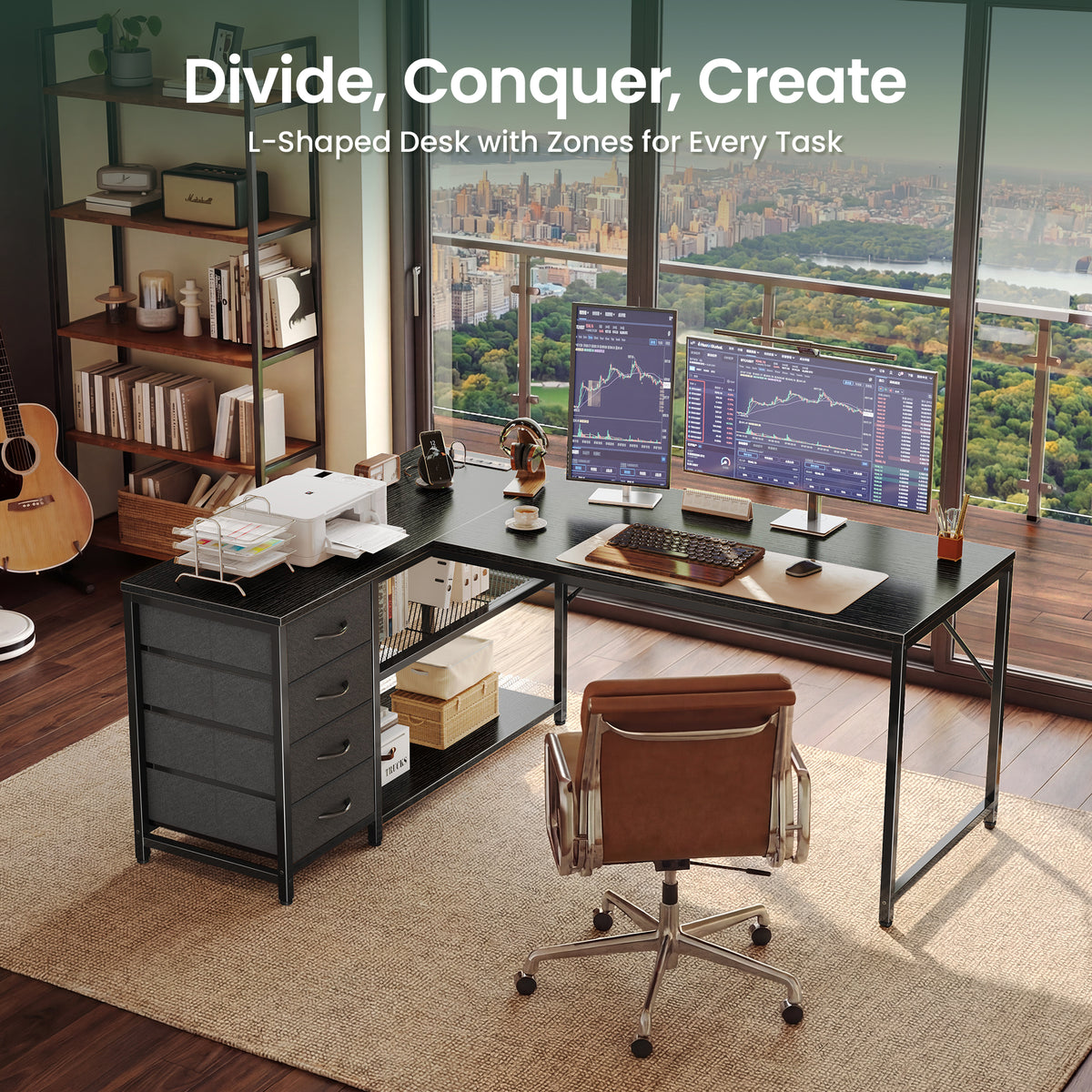 Amadwell 53 Inch L Shaped Desk with Power Outlets & Drawers, Reversible L-Shape Computer Desk, Black