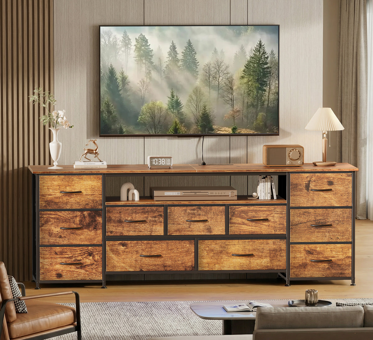 Amadwell Large TV Stand for 65, 70 Inch TVs, 11 Drawers with Power Outlets & LED Lights, 63 inch Entertainment Center, Brown