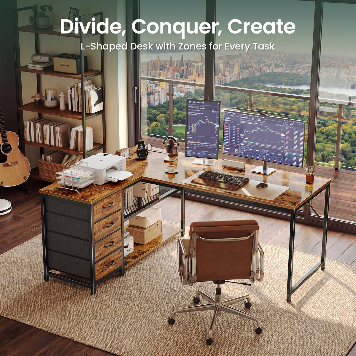 Amadwell 53 Inch L Shaped Desk with Power Outlets & Drawers, Reversible L-Shape Computer Desk, Brown