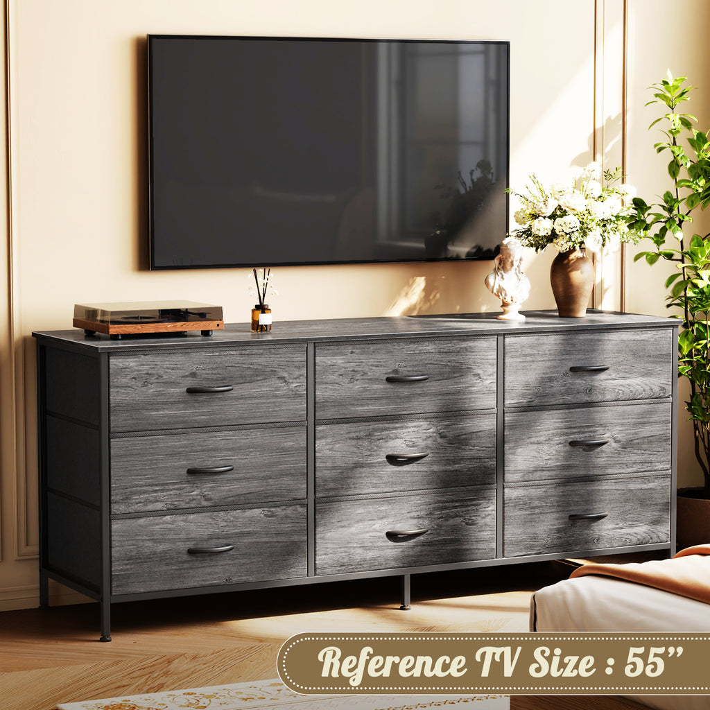 9 Drawer Bedroom Dresser with Storage, 55 Inch TV Stand for 55, 60 Inch TV, Fabric Chest for Closet, Gray
