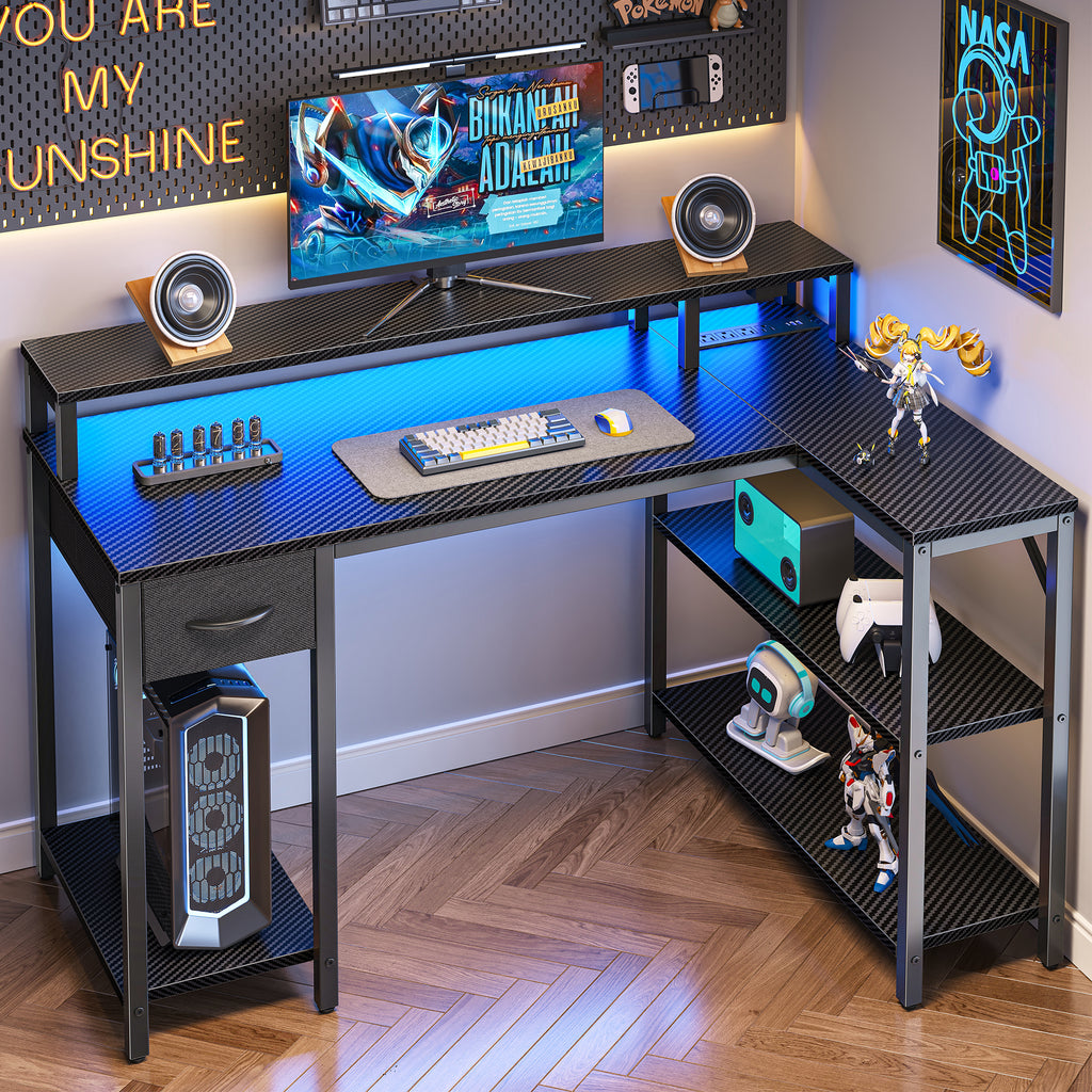 Amadwell 47 Inch L Shaped Desk with LED Strip, Corner Gaming Desk with Power Outlet, Drawer & Shelves, Black