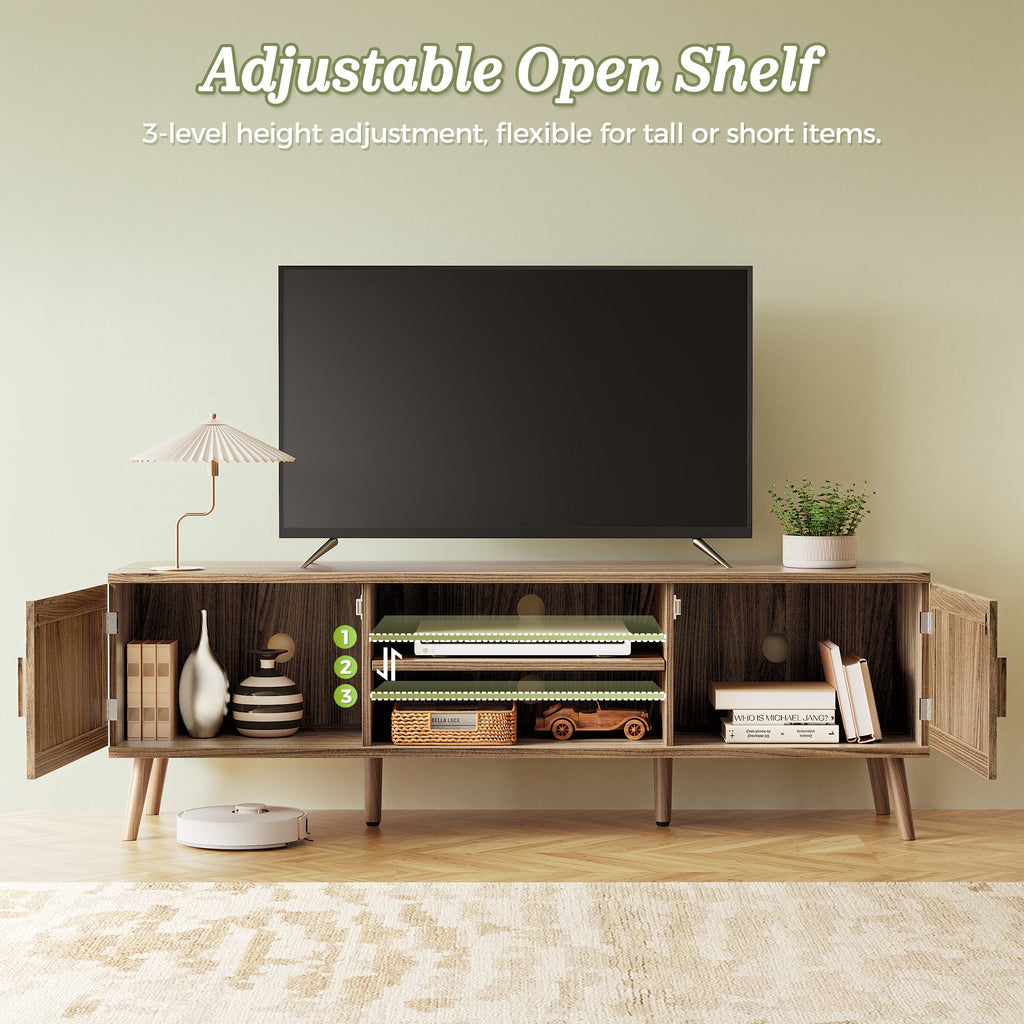 Amadwell Rattan TV Stand for 60" TVs, Adjustable Shelf, Natural Living Room Entertainment Center, Brown