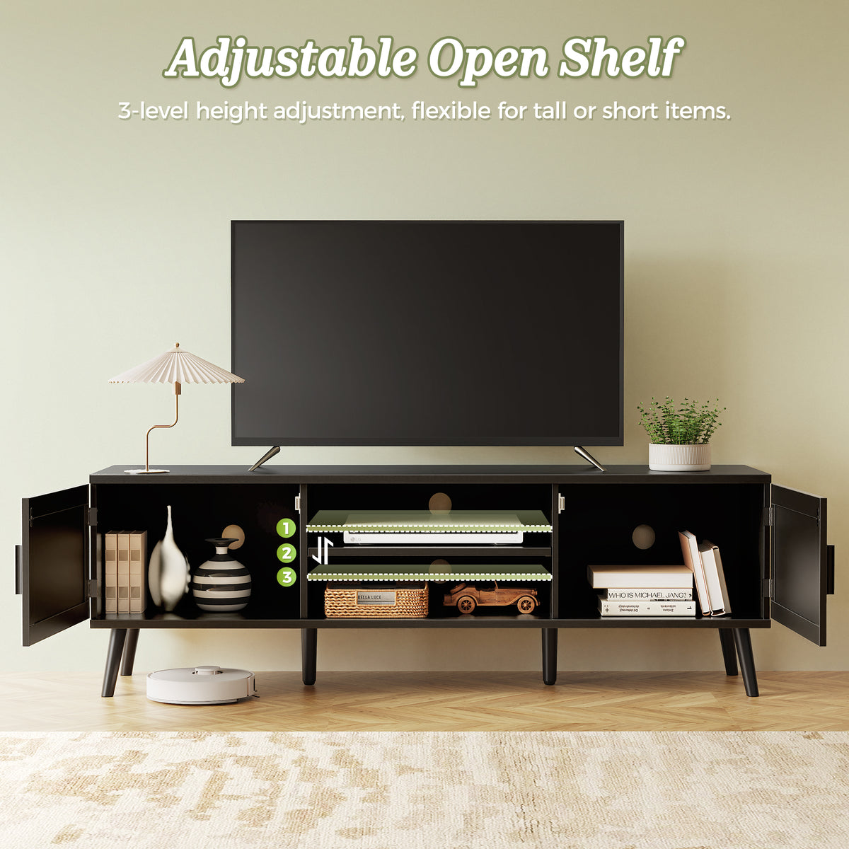 Amadwell Rattan TV Stand for 60" TVs, Adjustable Shelf, Natural Living Room Entertainment Center, Black