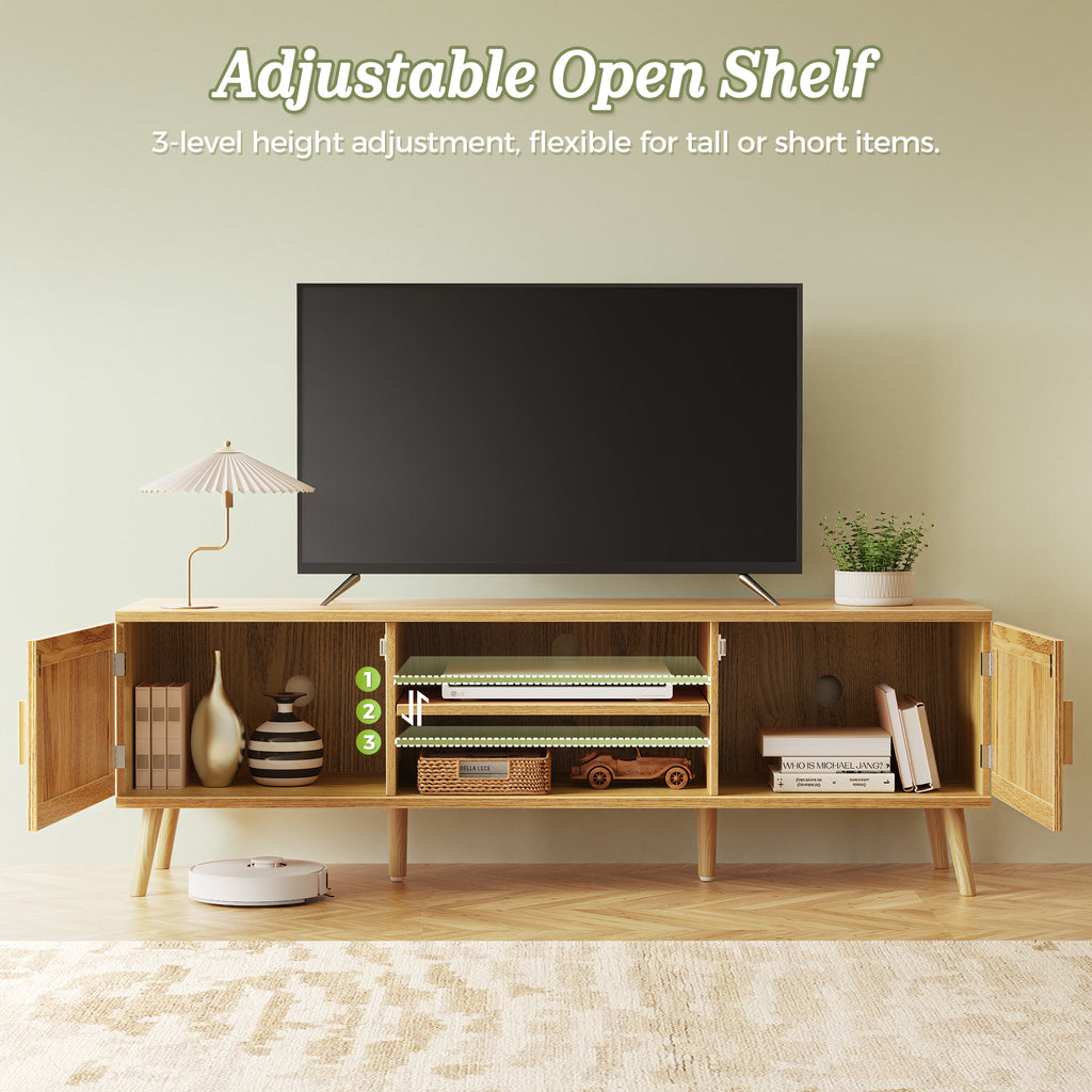 Amadwell Rattan TV Stand for 60" TVs, Adjustable Shelf, Natural Living Room Entertainment Center