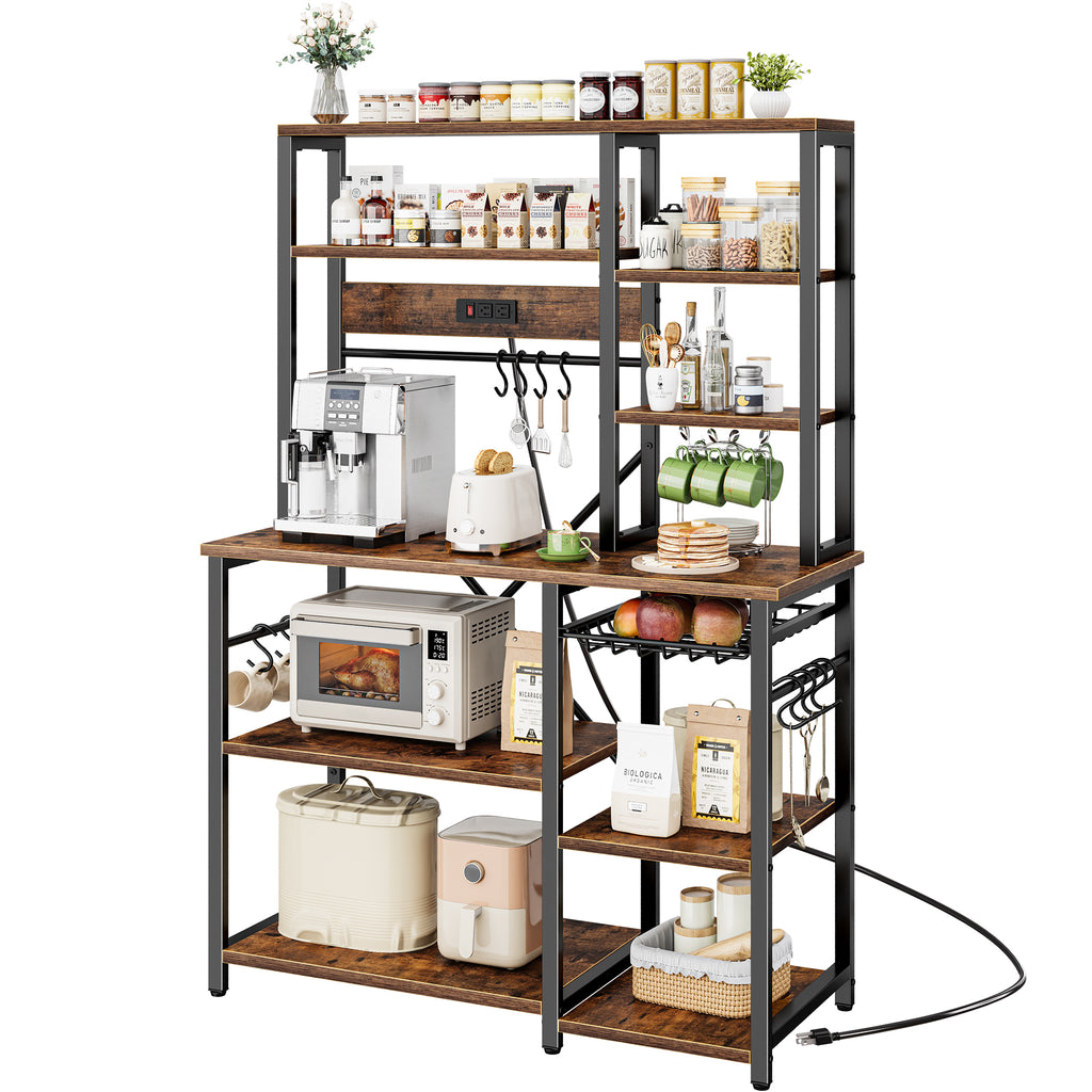 Amadwell 39.4" Large Bakers Rack, 6-Tier Microwave Stand with Power Outlets, Kitchen Shelf with Wire Basket, Brown