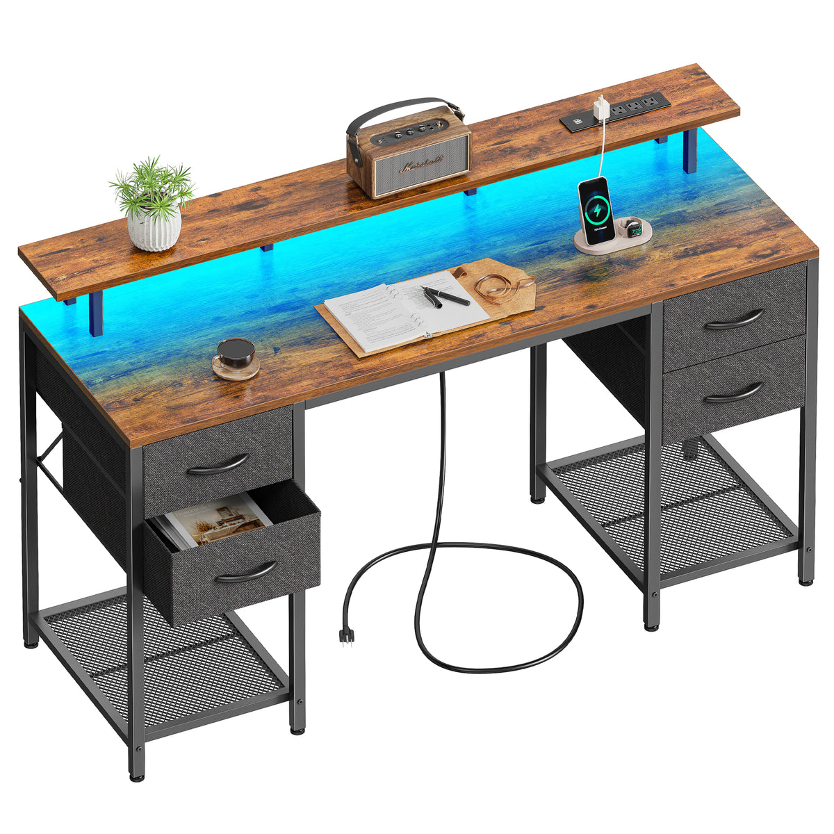 Amadwell 55" Gaming Computer Desk with LED Lights, Power Outlets, Home Office Writing Desk with 4 Drawers, Rustic Brown