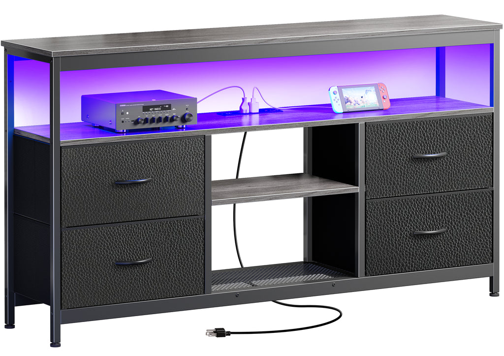 Amadwell TV Stand with Power Outlets & LED Lights, 4 Drawer Dresser Entertainment Center, Media Console with Open Shelf, Gray