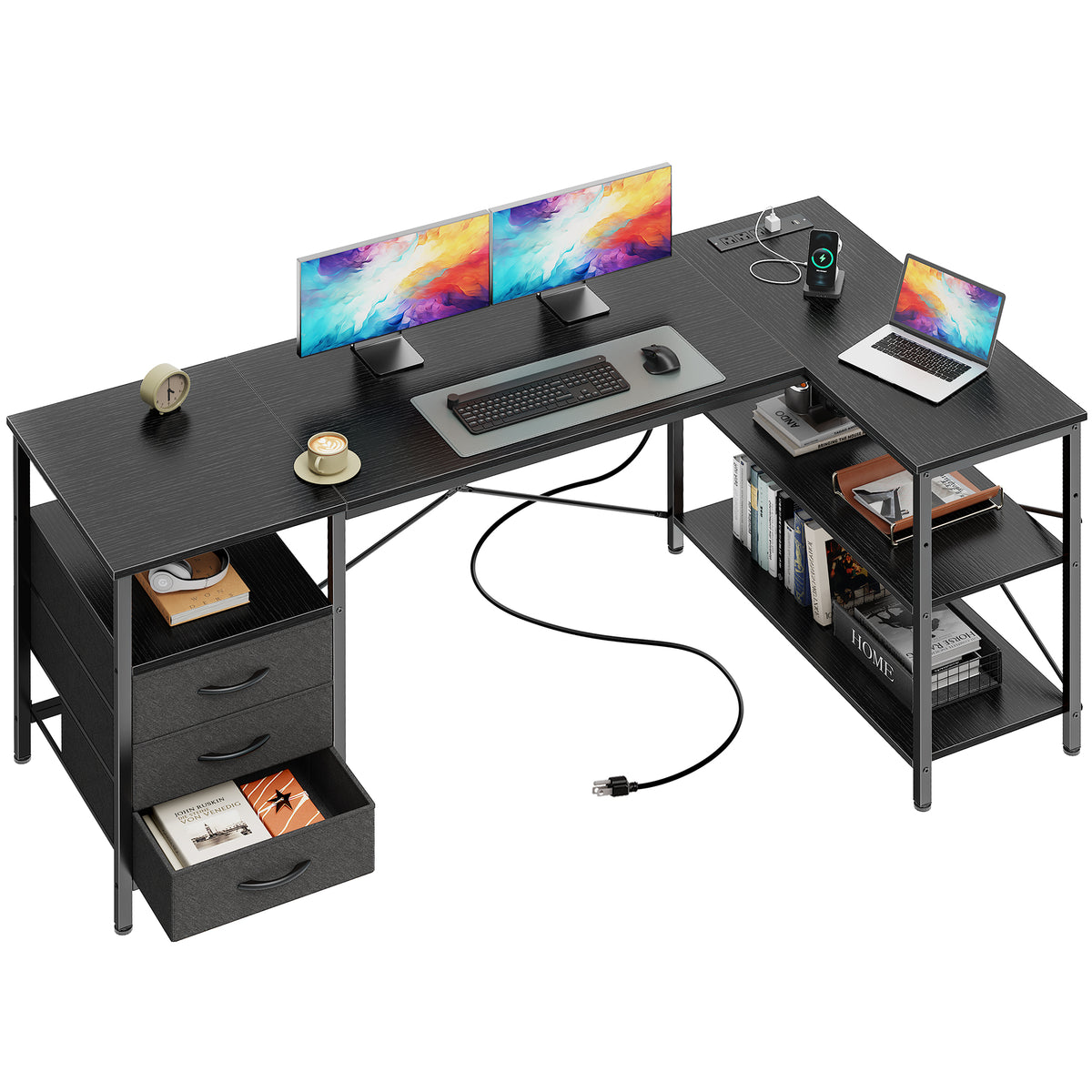 55 Inch L Shaped Office Desk with Power Outlets, Computer Desk with Drawers, Corner Desk for Home Office