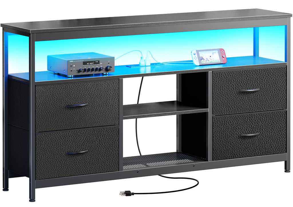 Amadwell TV Stand with Power Outlets & LED Lights, 4 Drawer Dresser Entertainment Center, Media Console with Open Shelf, Black