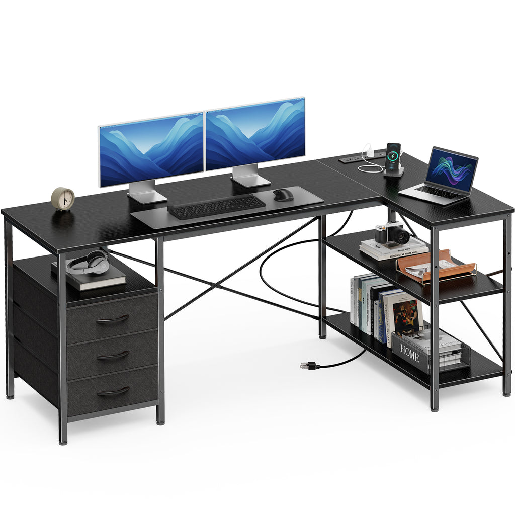 54 Inch L Shaped Office Desk with Power Outlets, Computer Desk with Drawers, Corner Desk for Home Office, Black