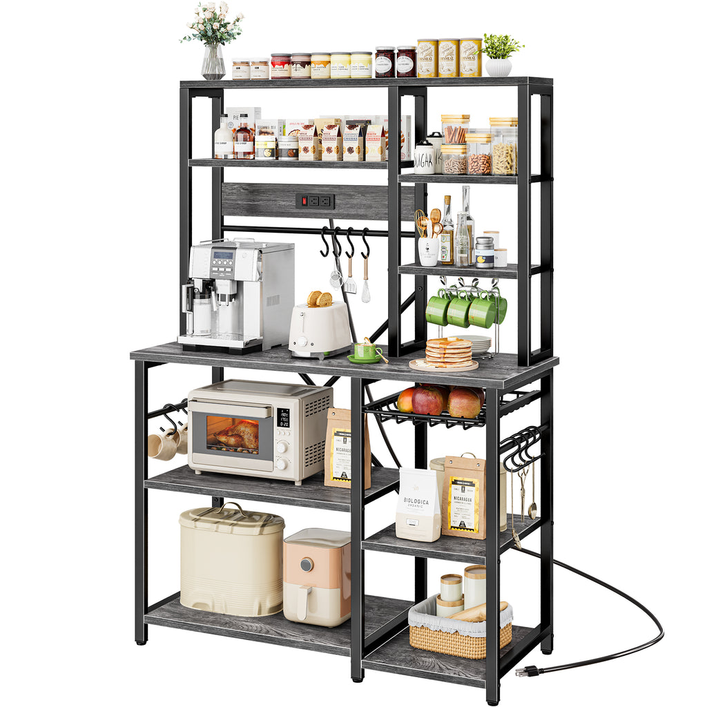 Amadwell 39.4" Large Bakers Rack, 6-Tier Microwave Stand with Power Outlets, Kitchen Shelf with Wire Basket, Gray