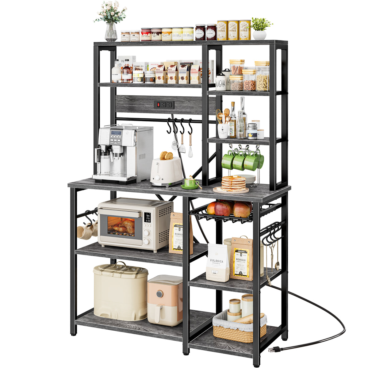 Amadwell 39.4" Large Bakers Rack, 6-Tier Microwave Stand with Power Outlets, Kitchen Shelf with Wire Basket, Gray