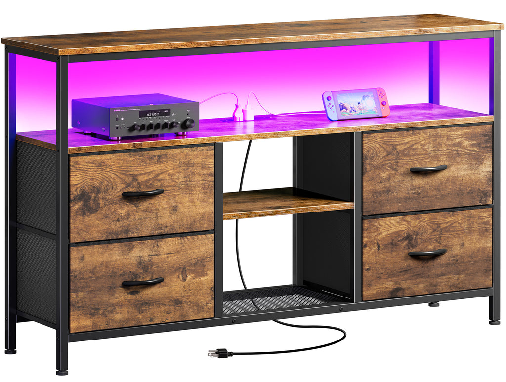 Amadwell TV Stand with Power Outlets & LED Lights, 4 Drawer Dresser Entertainment Center, Media Console with Open Shelf, Brown