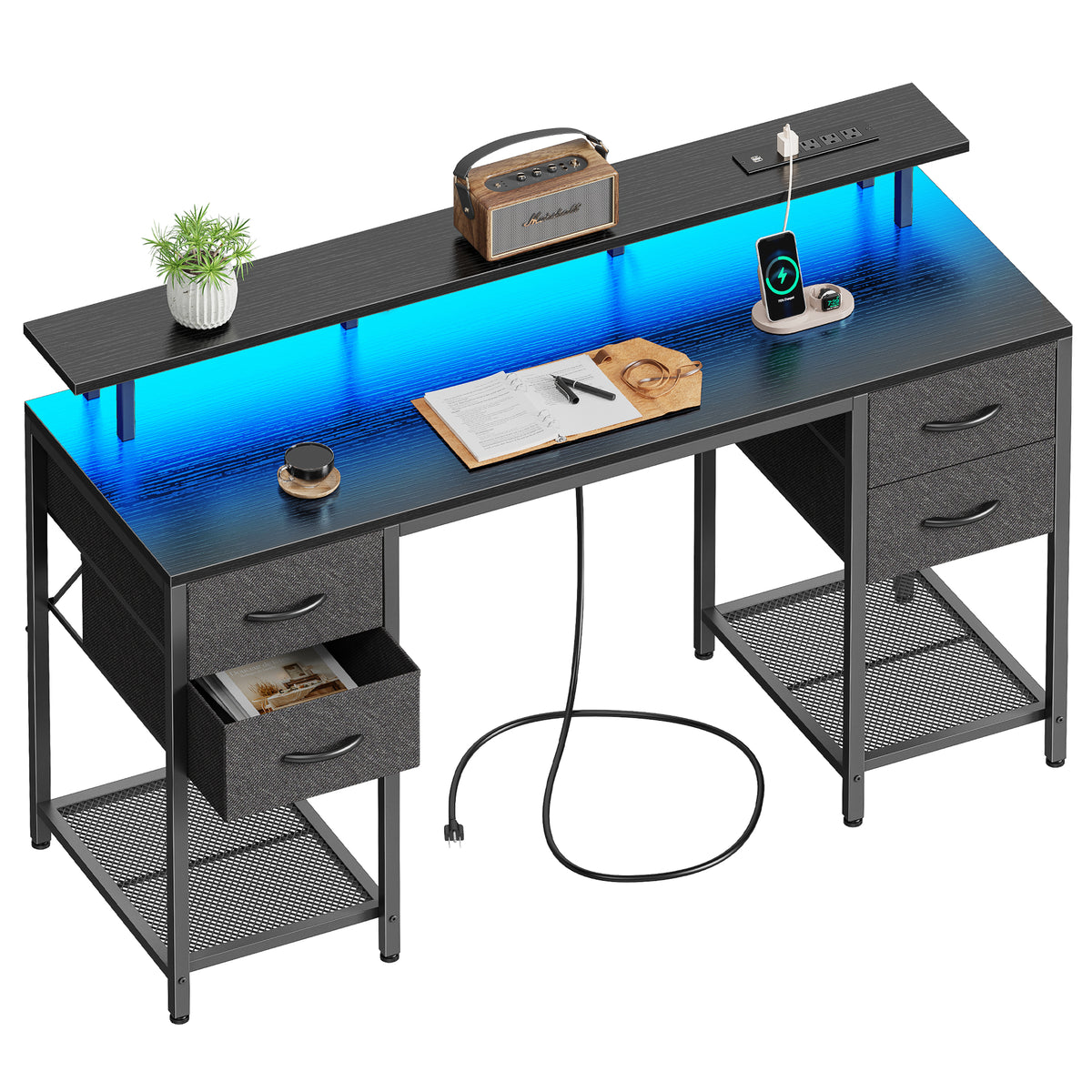 Amadwell 55" Gaming Computer Desk with LED Lights, Power Outlets, Home Office Writing Desk with 4 Drawers, Black
