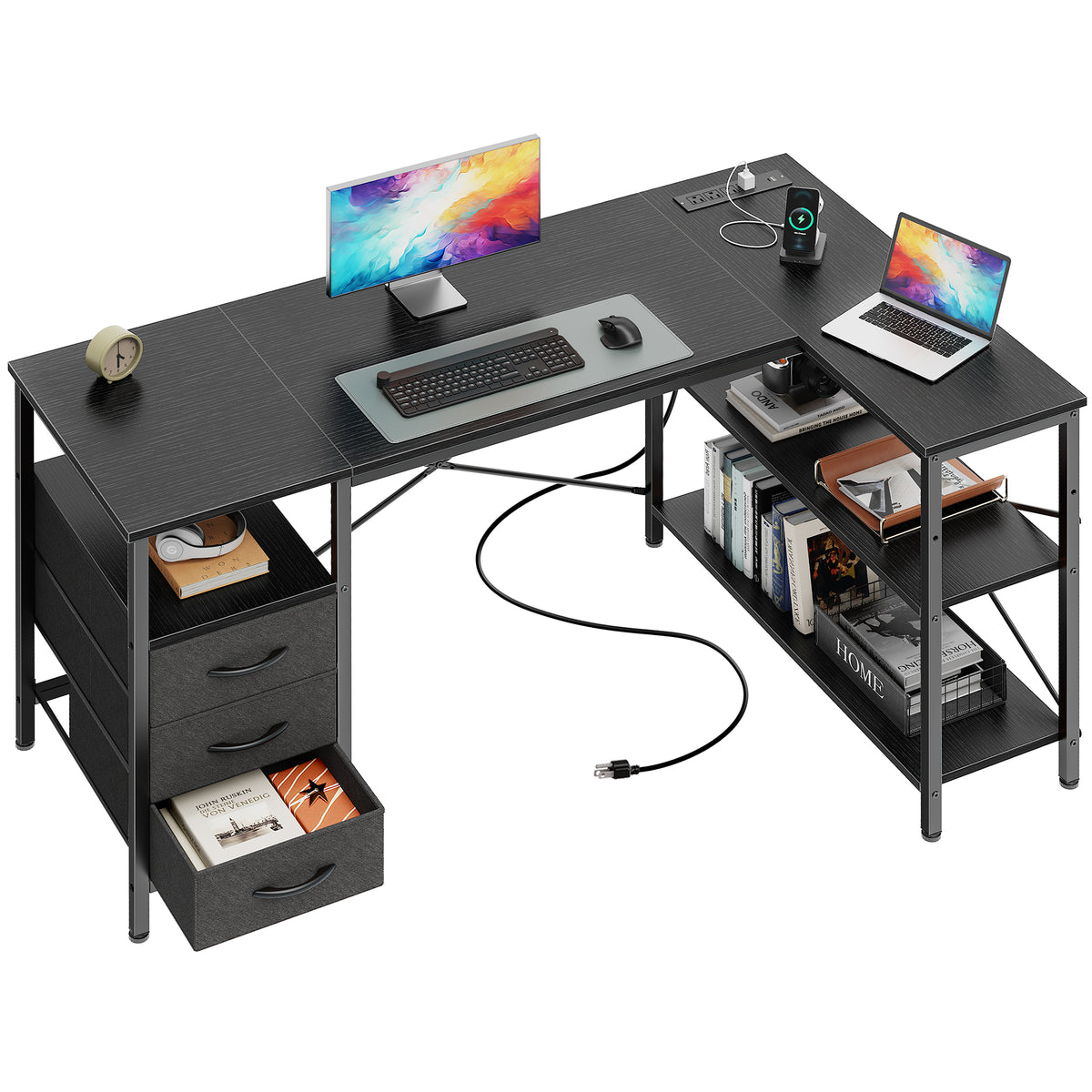 47 Inch L Shaped Office Desk with Power Outlets, Computer Desk with Drawers, Corner Desk for Home Office