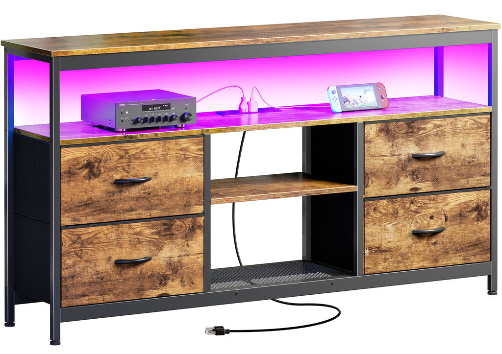 Amadwell TV Stand with Power Outlets & LED Lights, 4 Drawer Dresser Entertainment Center, Media Console with Open Shelf, Brown