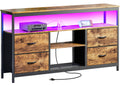 Amadwell TV Stand with Power Outlets & LED Lights, 4 Drawer Dresser Entertainment Center, Media Console with Open Shelf, Brown