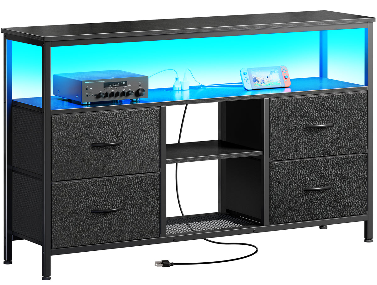 Amadwell TV Stand with Power Outlets & LED Lights, 4 Drawer Dresser Entertainment Center, Media Console with Open Shelf, Black