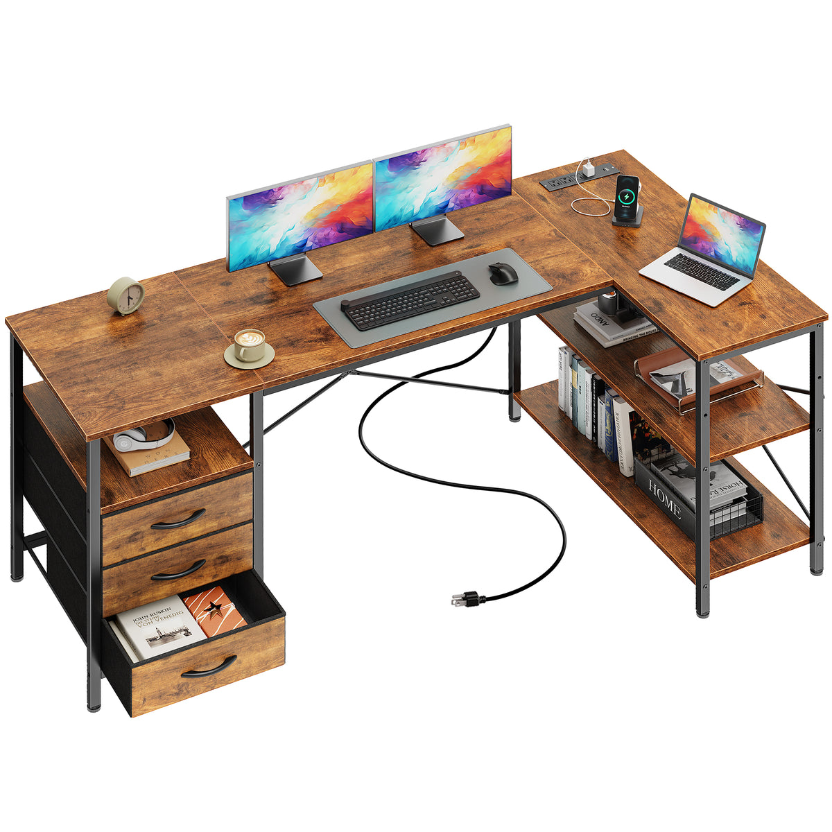 55 Inch L Shaped Office Desk with Power Outlets, Computer Desk with Drawers, Corner Desk for Home Office