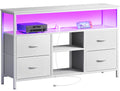 Amadwell TV Stand with Power Outlets & LED Lights, 4 Drawer Dresser Entertainment Center, Media Console with Open Shelf, White
