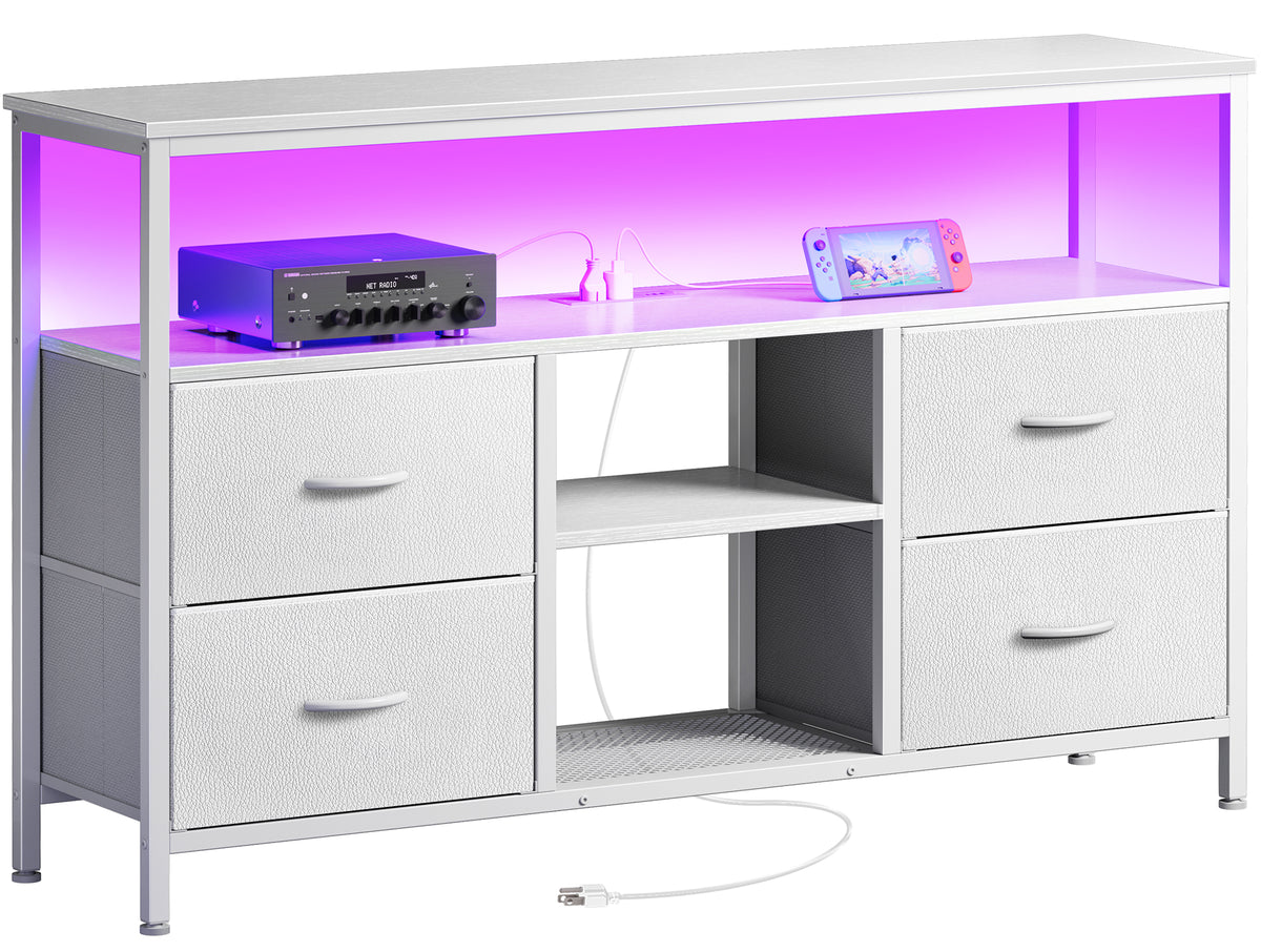 Amadwell TV Stand with Power Outlets & LED Lights, 4 Drawer Dresser Entertainment Center, Media Console with Open Shelf, White