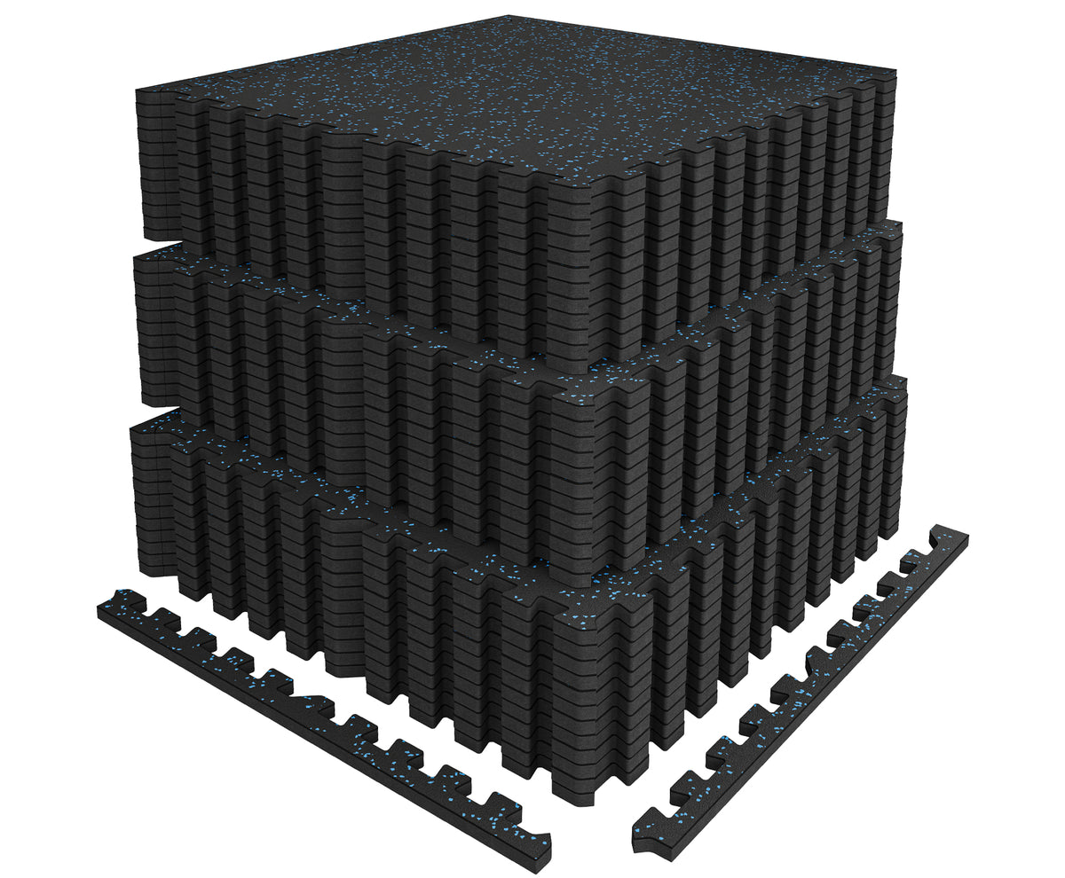 Amadwell 0.56" Thick 144 Sq Ft Gym Flooring for Home Gym, 36 Tiles Exercise Equipment lueMats, Rubber Top with High Density EVA Foam, Large Interlocking Workout Mat, Black/Blue
