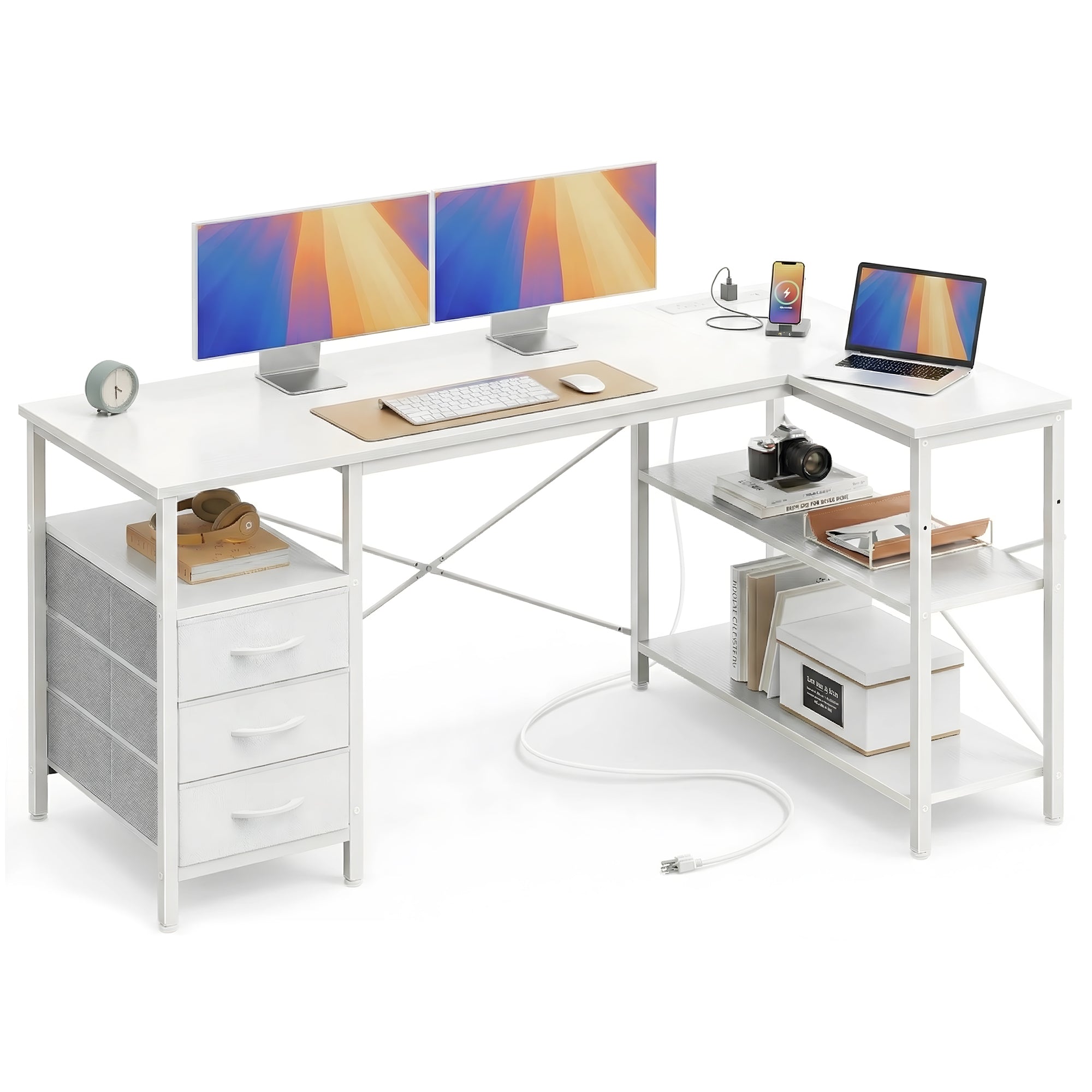 47 Inch L Shaped Office Desk with Power Outlets, Computer Desk with Drawers, Corner Desk for Home Office, White
