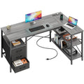 47 Inch L Shaped Office Desk with Power Outlets, Computer Desk with Drawers, Corner Desk for Home Office
