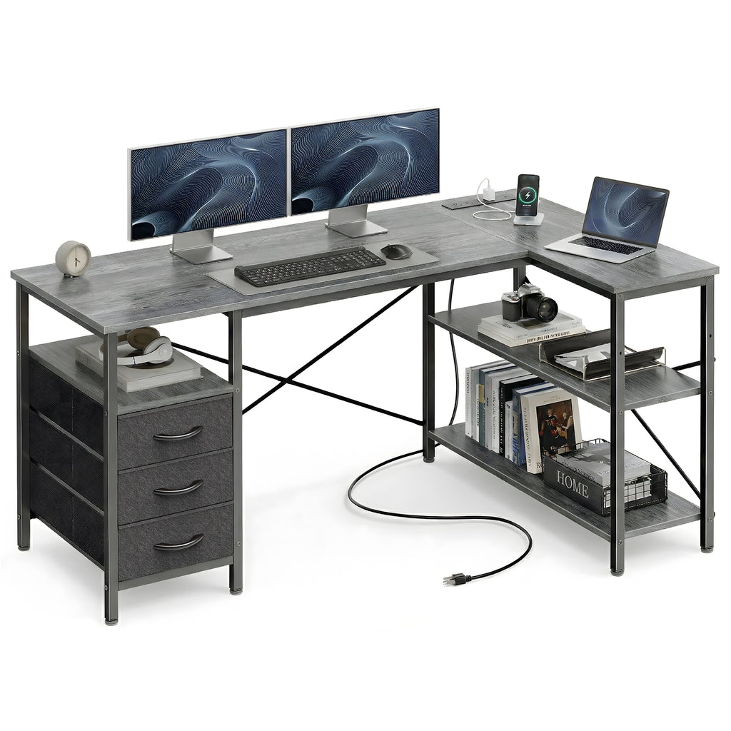 47 Inch L Shaped Office Desk with Power Outlets, Computer Desk with Drawers, Corner Desk for Home Office, Grey