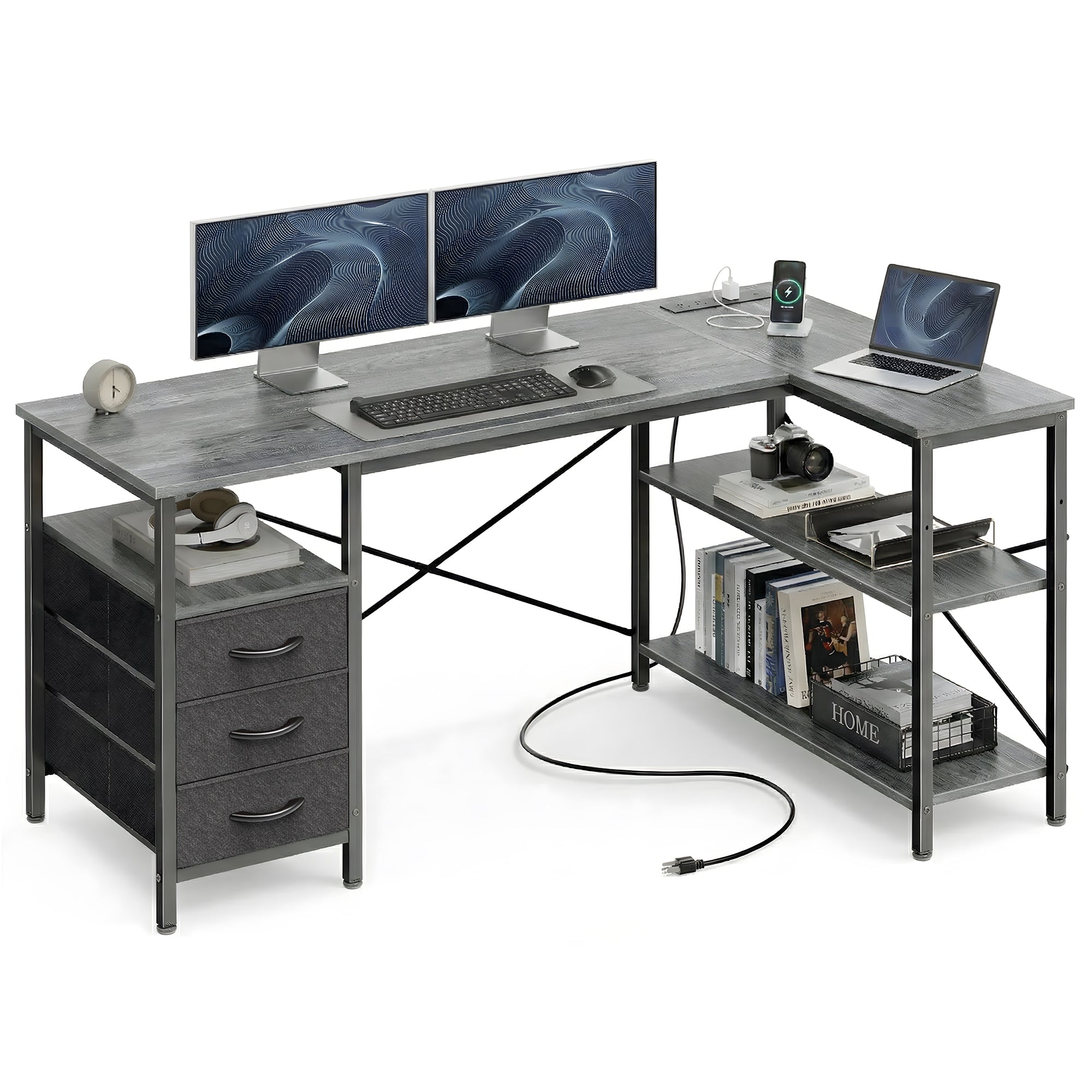 47 Inch L Shaped Office Desk with Power Outlets, Computer Desk with Drawers, Corner Desk for Home Office, Grey