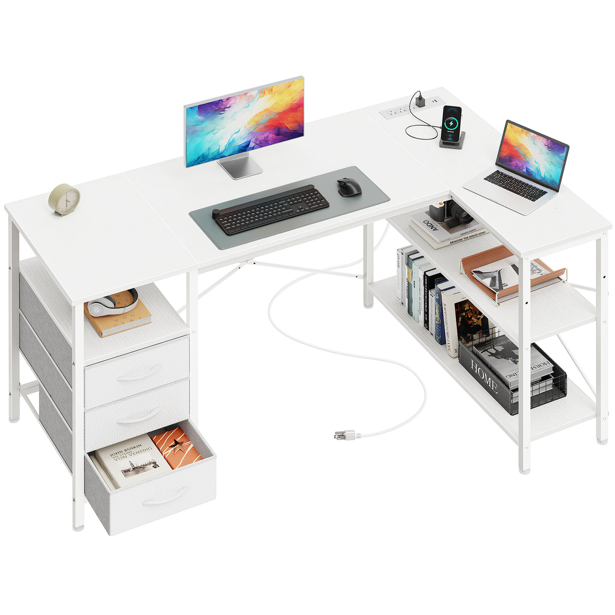 47 Inch L Shaped Office Desk with Power Outlets, Computer Desk with Drawers, Corner Desk for Home Office