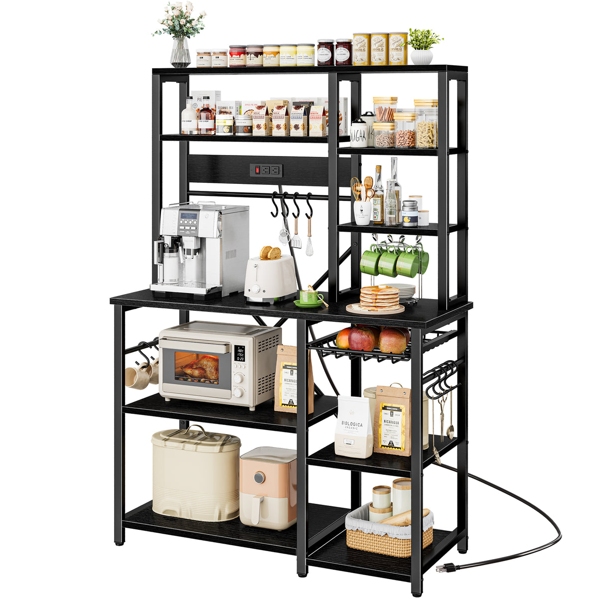 Amadwell 39.4" Large Bakers Rack, 6-Tier Microwave Stand with Power Outlets, Kitchen Shelf with Wire Basket, Black