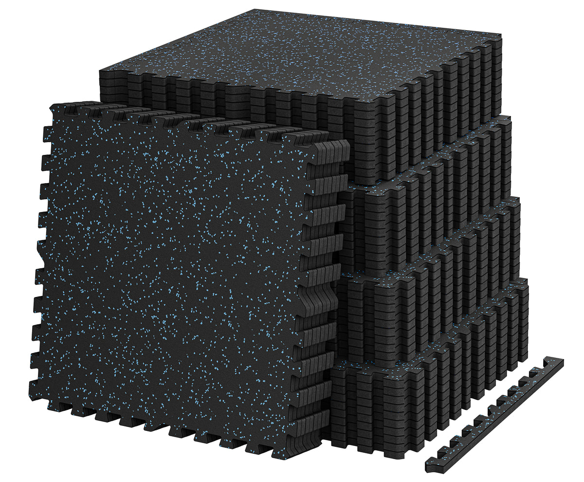 Amadwell 0.56" Thick 192 Sq Ft Gym Flooring for Home Gym, 48 Tiles Exercise Equipment Mats, Rubber Top with High Density EVA Foam, Large Interlocking Workout Mat, Black/Blue