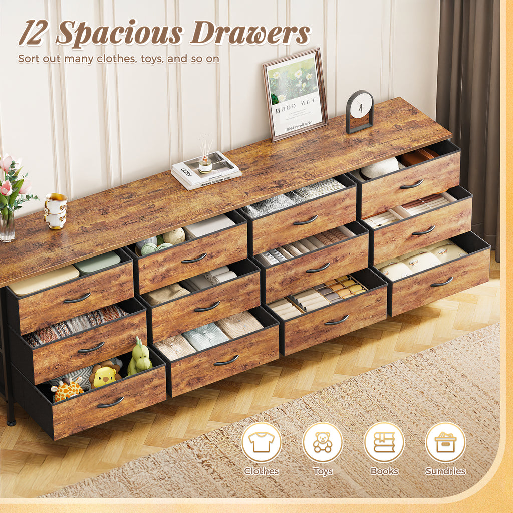 70 Inch Large Dresser for Bedroom, 12 Drawer TV Stand for 65, 75 Inch TV, Long Dresser for Living Room, Brown
