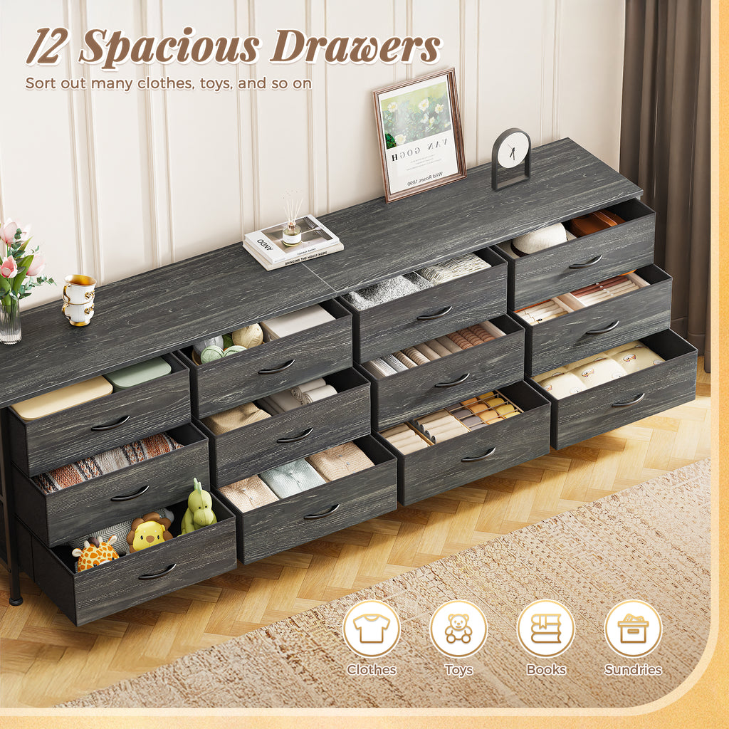 70 Inch Large Dresser for Bedroom, 12 Drawer TV Stand for 65, 75 Inch TV, Long Dresser for Living Room, Charcoal Black Wood Grain Print