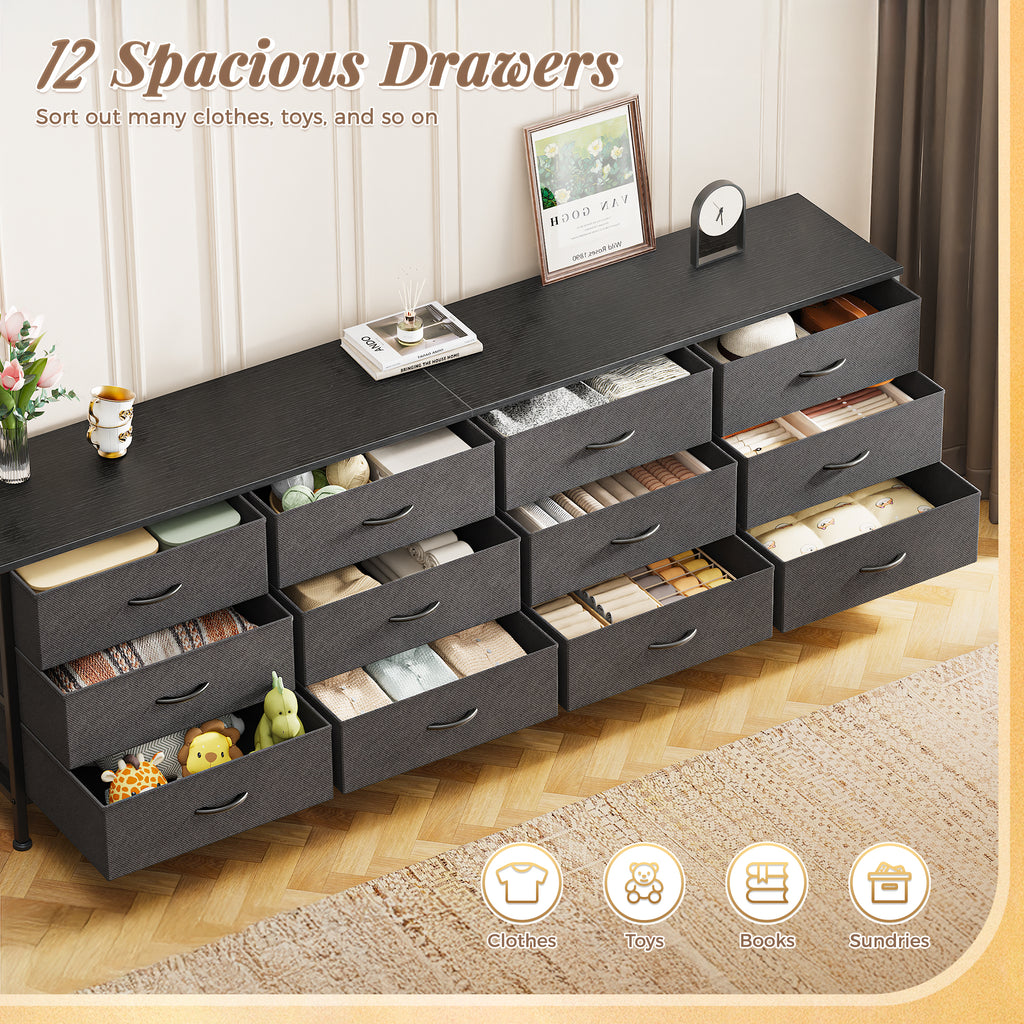 70 Inch Large Dresser for Bedroom, 12 Drawer TV Stand for 65, 75 Inch TV, Long Dresser for Living Room, Black