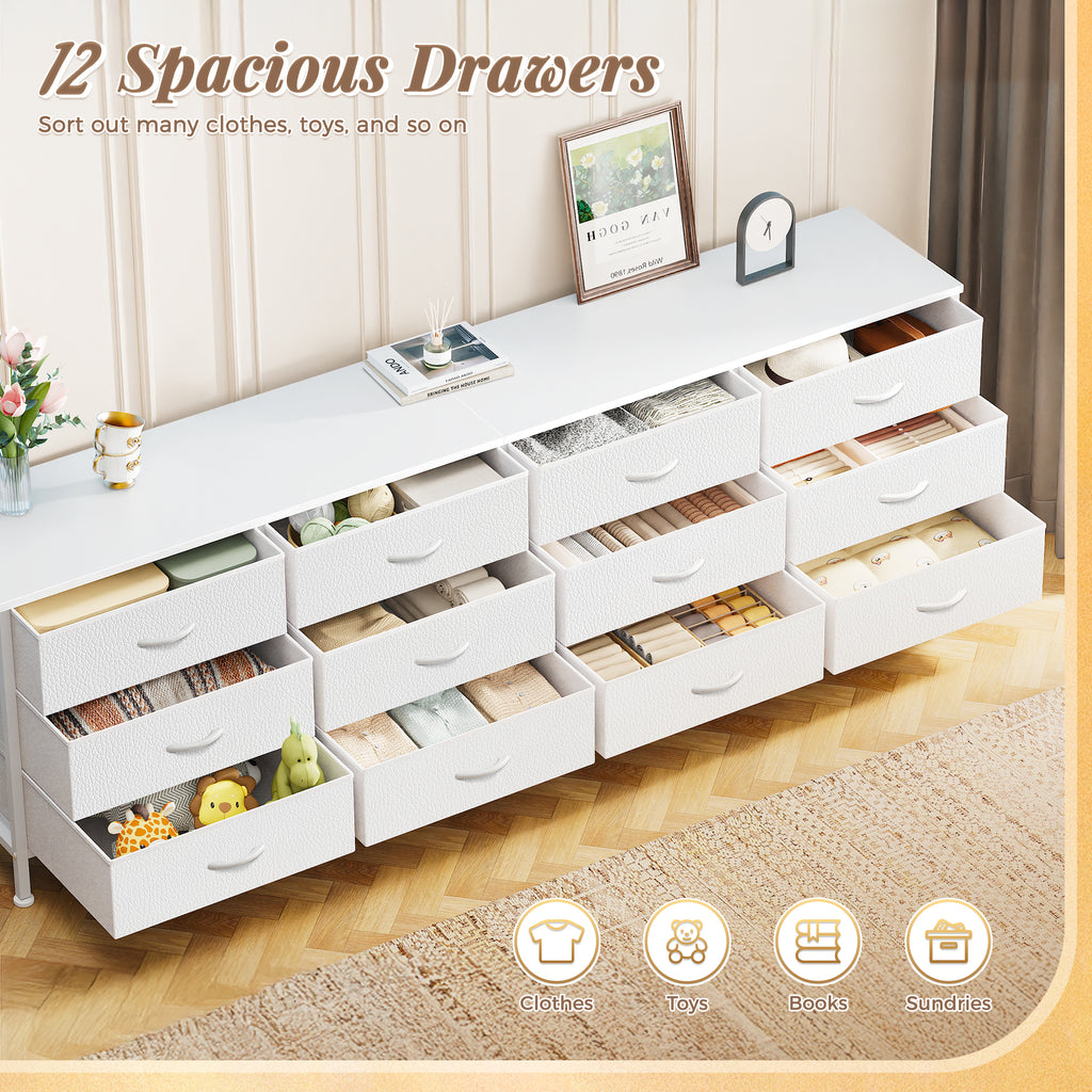70 Inch Large Dresser for Bedroom, 12 Drawer TV Stand for 65, 75 Inch TV, Long Dresser for Living Room, White