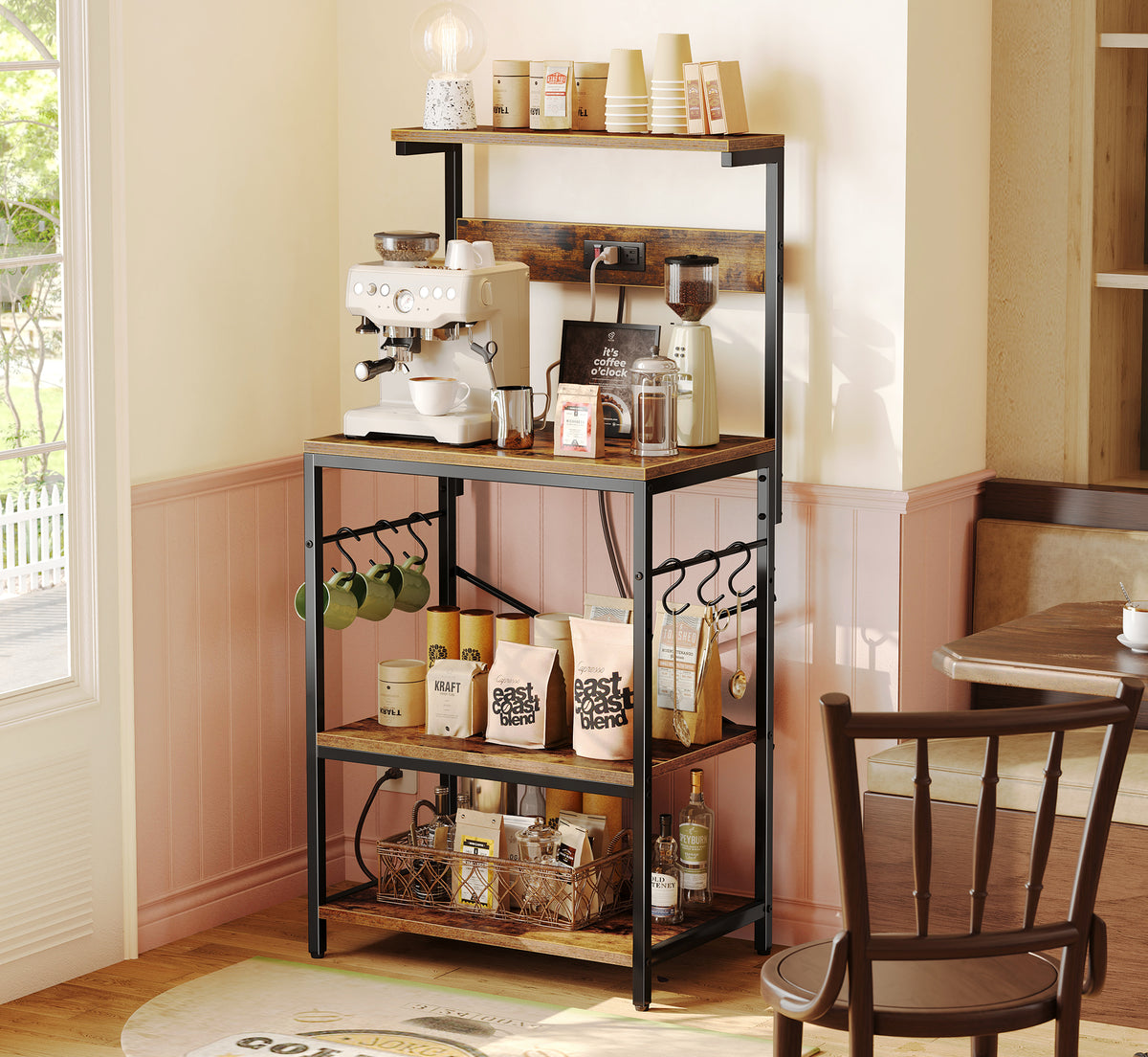 Amadwell 4-Tier Kitchen Storage Shelf Organizer Bakers Rack with Power Outlets, Coffee Bar & Microwave Stand, Brown