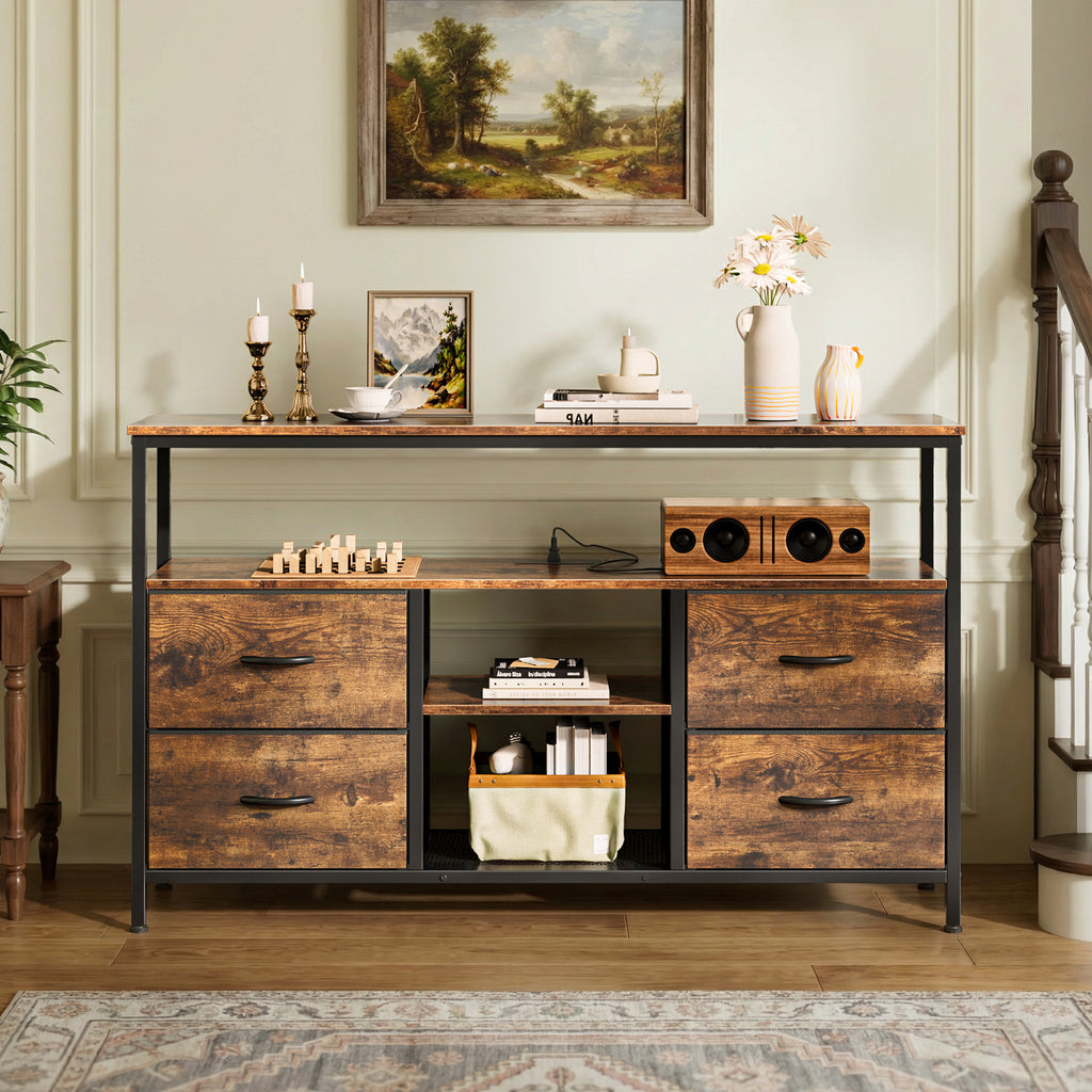 Amadwell TV Stand with Power Outlets & LED Lights, 4 Drawer Dresser Entertainment Center, Media Console with Open Shelf, Brown