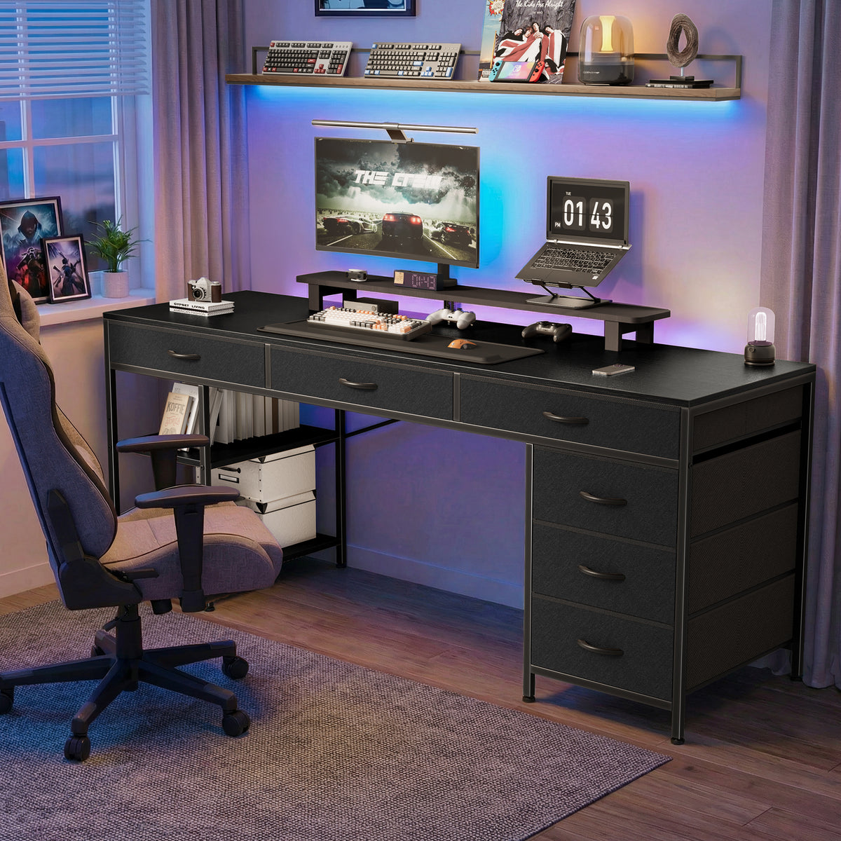 Amadwell 54" Desk with Drawers & Storage, Office Desk with Reversible Shelves, Gaming Computer Desk, Black