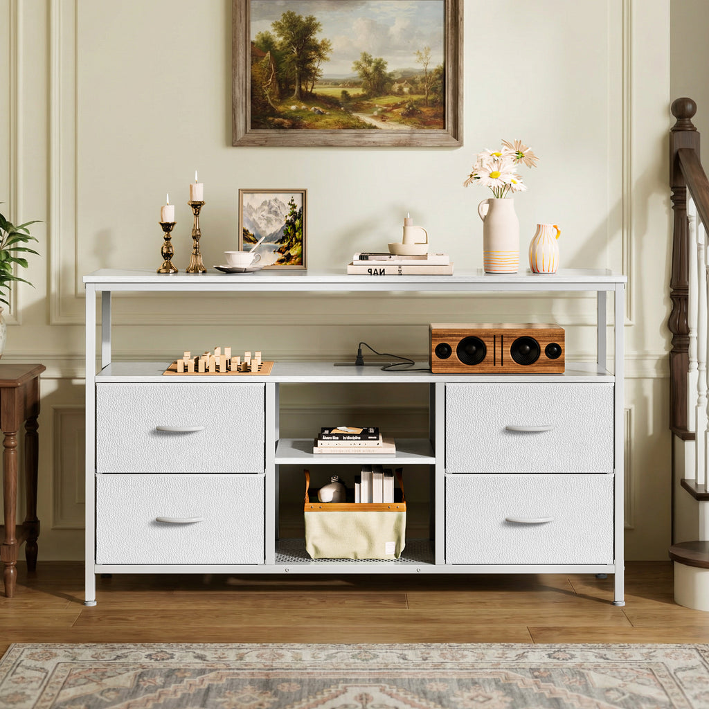 Amadwell TV Stand with Power Outlets & LED Lights, 4 Drawer Dresser Entertainment Center, Media Console with Open Shelf, White