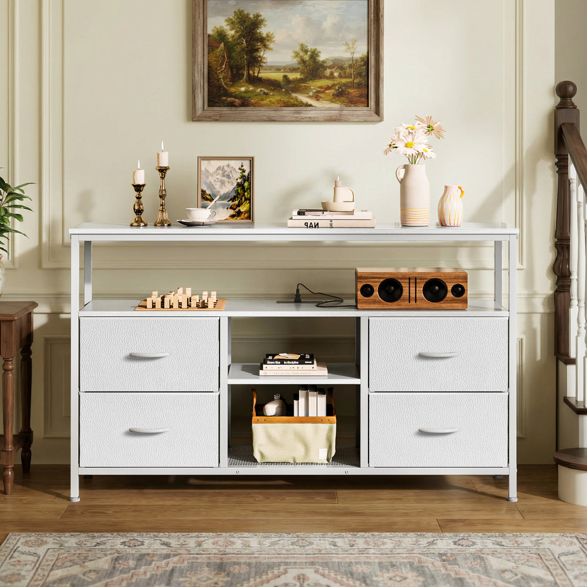 Amadwell TV Stand with Power Outlets & LED Lights, 4 Drawer Dresser Entertainment Center, Media Console with Open Shelf, White