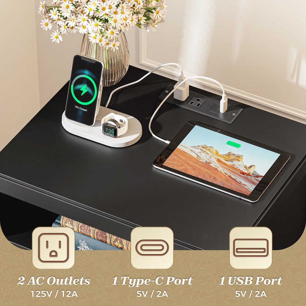 Amadwell Nightstand with Charging Station, Bedside End Table with 2 Drawers & Storage for Bedroom, Black