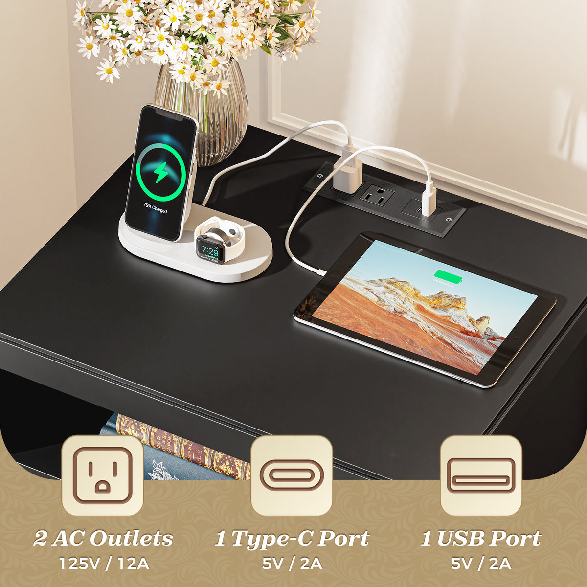 Amadwell Nightstand with Charging Station, Bedside End Table with 2 Drawers & Storage for Bedroom, Black