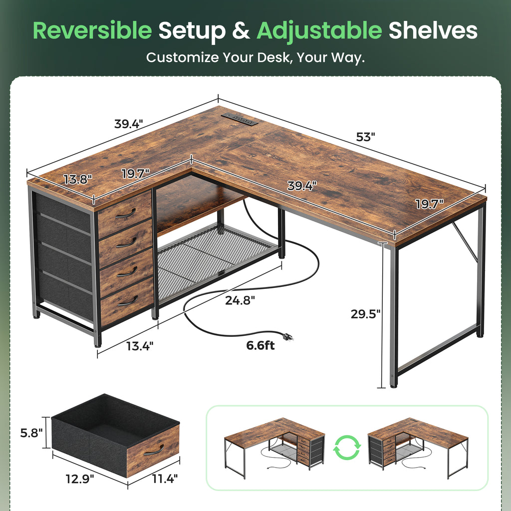 Amadwell 53 Inch L Shaped Desk with Power Outlets & Drawers, Reversible L-Shape Computer Desk, Brown